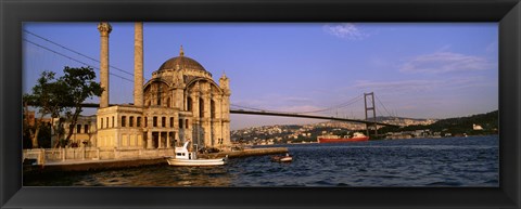 Framed Mosque at the waterfront near a bridge, Ortakoy Mosque, Bosphorus Bridge, Istanbul, Turkey Print