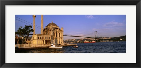 Framed Mosque at the waterfront near a bridge, Ortakoy Mosque, Bosphorus Bridge, Istanbul, Turkey Print