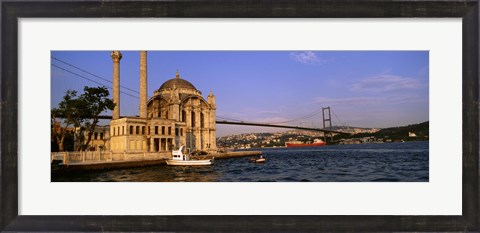 Framed Mosque at the waterfront near a bridge, Ortakoy Mosque, Bosphorus Bridge, Istanbul, Turkey Print
