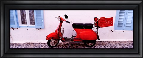 Framed Motor scooter parked in front of a building, Santorini, Cyclades Islands, Greece Print