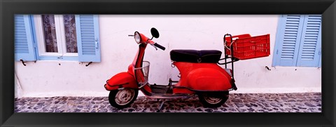 Framed Motor scooter parked in front of a building, Santorini, Cyclades Islands, Greece Print