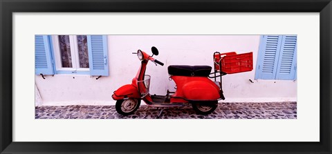 Framed Motor scooter parked in front of a building, Santorini, Cyclades Islands, Greece Print