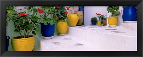 Framed Potted plants on steps, Mykonos, Cyclades Islands, Greece Print