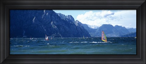 Framed Windsurfing on a lake, Lake Garda, Italy Print