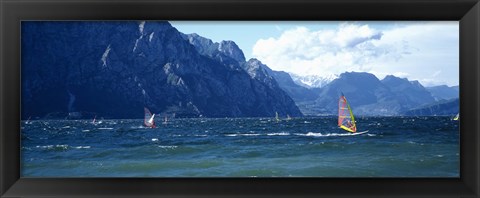 Framed Windsurfing on a lake, Lake Garda, Italy Print