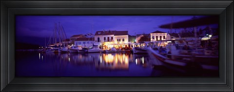Framed Greece, Cephalonia, Light illuminated on harbor and outdoors cafe Print