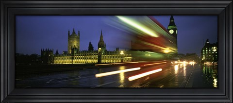 Framed England, London, Houses of Parliament, Traffic moving in the night Print