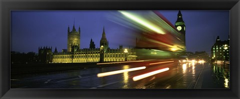 Framed England, London, Houses of Parliament, Traffic moving in the night Print