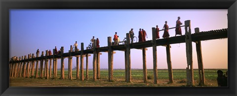 Framed Myanmar, Mandalay, U Bein Bridge, People crossing over the bridge Print