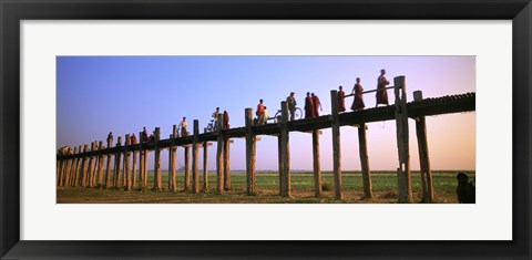 Framed Myanmar, Mandalay, U Bein Bridge, People crossing over the bridge Print