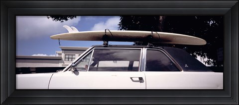 Framed California, Surf board on roof of car Print
