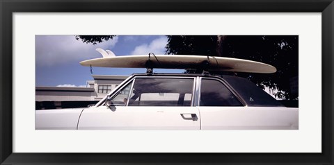 Framed California, Surf board on roof of car Print