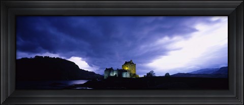 Framed Low Angle View Of A Castle Lit Up At Dusk, Eilean Donan Castle, Highlands, Scotland, United Kingdom Print