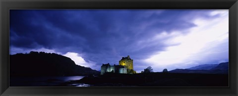 Framed Low Angle View Of A Castle Lit Up At Dusk, Eilean Donan Castle, Highlands, Scotland, United Kingdom Print