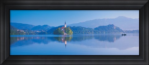 Framed Reflection of mountains and buildings in water, Lake Bled, Slovenia Print