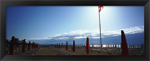 Framed Beach umbrella and beach chairs on the beach, Lignano Sabbiadoro, Italy Print