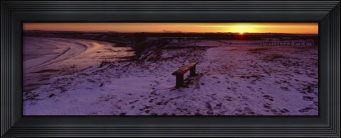 Framed Bench On A Snow Covered Landscape, Filey Bay, Yorkshire, England, United Kingdom Print