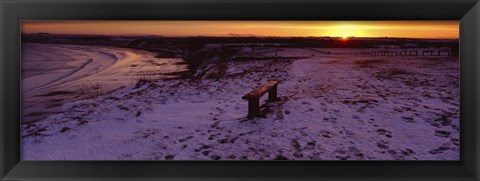 Framed Bench On A Snow Covered Landscape, Filey Bay, Yorkshire, England, United Kingdom Print