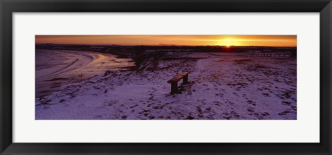 Framed Bench On A Snow Covered Landscape, Filey Bay, Yorkshire, England, United Kingdom Print