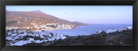 Framed High angle view of buildings on the waterfront, Batsi, Andros Island, Cyclades Islands, Greece Print