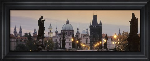 Framed Lit Up Bridge At Dusk, Charles Bridge, Prague, Czech Republic Print