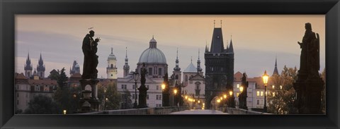 Framed Lit Up Bridge At Dusk, Charles Bridge, Prague, Czech Republic Print