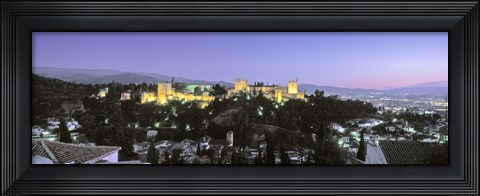 Framed High angle view of a castle lit up at dusk, Alhambra, Granada, Andalusia, Spain Print
