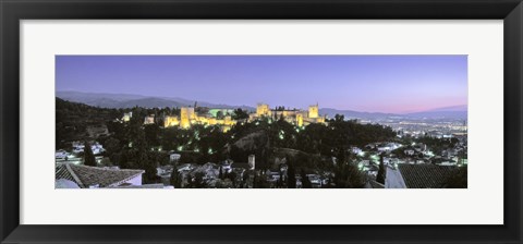 Framed High angle view of a castle lit up at dusk, Alhambra, Granada, Andalusia, Spain Print