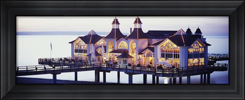 Framed Sea Bridge Lit Up At Dusk, Sellin, Isle Of Ruegen, Germany Print