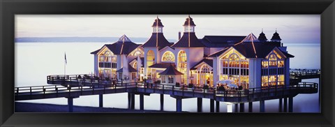 Framed Sea Bridge Lit Up At Dusk, Sellin, Isle Of Ruegen, Germany Print