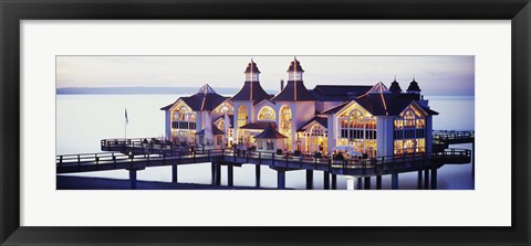 Framed Sea Bridge Lit Up At Dusk, Sellin, Isle Of Ruegen, Germany Print