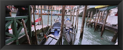 Framed Gondolas moored near a bridge, Rialto Bridge, Grand Canal, Venice, Italy Print