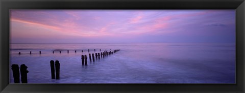 Framed Wooden Posts In Water, Sandsend, Yorkshire, England, United Kingdom Print