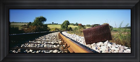 Framed Close-up of a suitcase on a railroad track, Germany Print