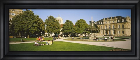 Framed Group Of People Sitting Around A Fountain In A Park, Schlossplatz, Stuttgart, Baden-Wurttemberg, Germany Print
