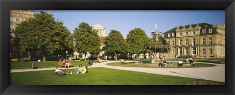 Framed Group Of People Sitting Around A Fountain In A Park, Schlossplatz, Stuttgart, Baden-Wurttemberg, Germany Print