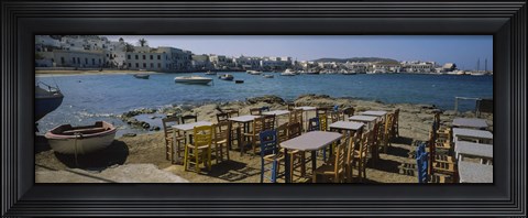 Framed Tables and chairs in a cafe, Greece Print