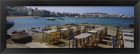 Framed Tables and chairs in a cafe, Greece Print