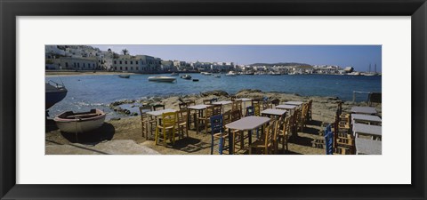 Framed Tables and chairs in a cafe, Greece Print