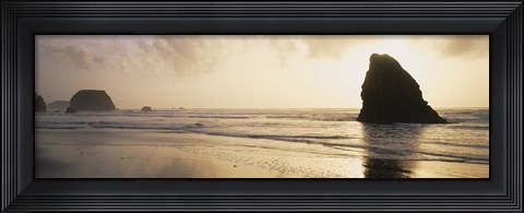 Framed Silhouette of rocks on the beach, Fort Bragg, Mendocino, California Print