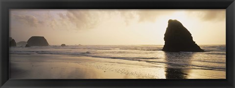 Framed Silhouette of rocks on the beach, Fort Bragg, Mendocino, California Print
