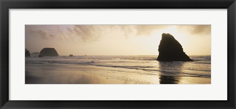 Framed Silhouette of rocks on the beach, Fort Bragg, Mendocino, California Print