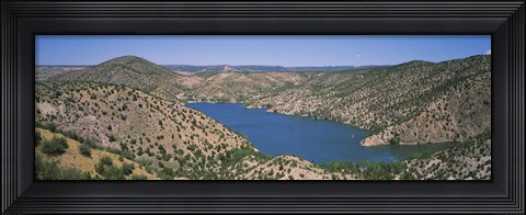 Framed High angle view of a lake surrounded by hills, Santa Cruz Lake, New Mexico, USA Print