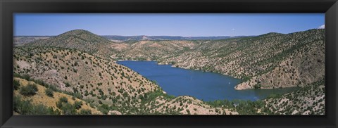 Framed High angle view of a lake surrounded by hills, Santa Cruz Lake, New Mexico, USA Print