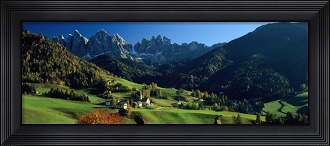 Framed Buildings on a landscape, Dolomites, Funes Valley, Le Odle, Santa Maddalena, Tyrol, Italy Print