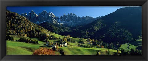 Framed Buildings on a landscape, Dolomites, Funes Valley, Le Odle, Santa Maddalena, Tyrol, Italy Print