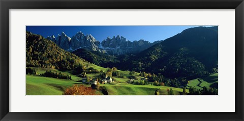 Framed Buildings on a landscape, Dolomites, Funes Valley, Le Odle, Santa Maddalena, Tyrol, Italy Print