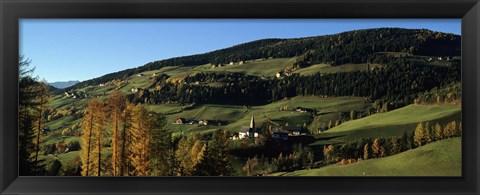 Framed Buildings on a landscape, Dolomites, Funes Valley, Tyrol, Italy Print