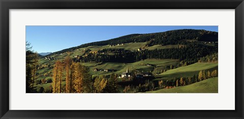 Framed Buildings on a landscape, Dolomites, Funes Valley, Tyrol, Italy Print