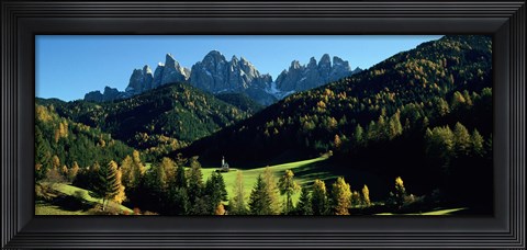 Framed Trees on a landscape, Dolomites, Funes Valley, Le Odle, Santa Maddalena, Tyrol, Italy Print
